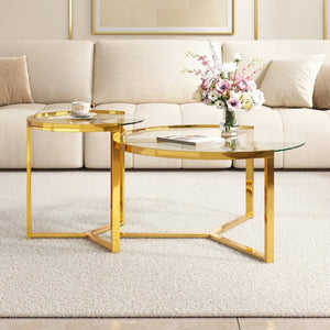 English Elm Gold Frame Nesting Coffee Tables Tempered Glass Round Tops Glam Living Room Set Transparent N735P502402K