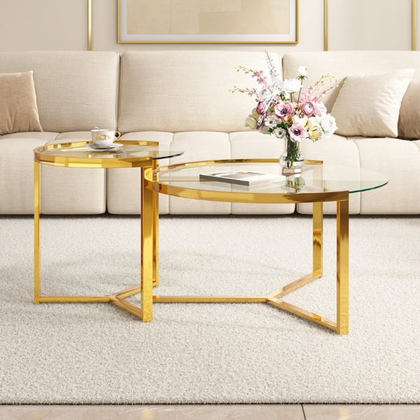 English Elm Gold Frame Nesting Coffee Tables Tempered Glass Round Tops Glam Living Room Set Transparent N735P502402K