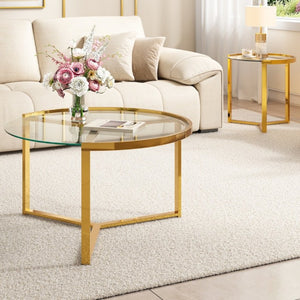 English Elm Gold Frame Nesting Coffee Tables Tempered Glass Round Tops Glam Living Room Set Transparent N735P502402K