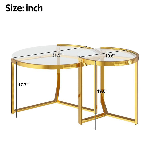 English Elm Gold Frame Nesting Coffee Tables Tempered Glass Round Tops Glam Living Room Set Transparent N735P502402K