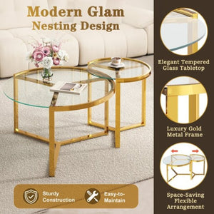 English Elm Gold Frame Nesting Coffee Tables Tempered Glass Round Tops Glam Living Room Set Transparent N735P502402K
