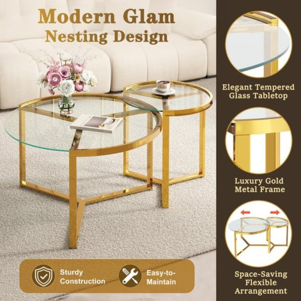 English Elm Gold Frame Nesting Coffee Tables Tempered Glass Round Tops Glam Living Room Set Transparent N735P502402K