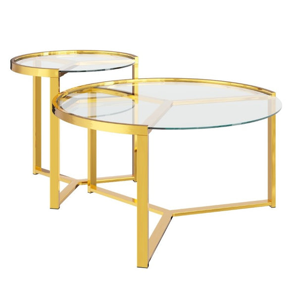 English Elm Gold Frame Nesting Coffee Tables Tempered Glass Round Tops Glam Living Room Set Transparent N735P502402K