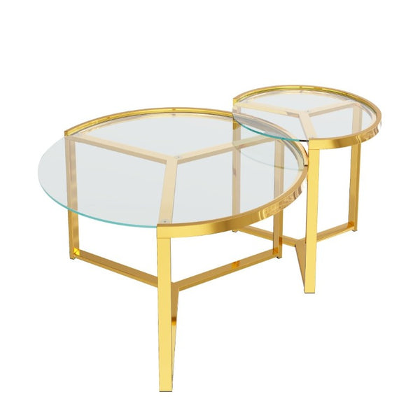 English Elm Gold Frame Nesting Coffee Tables Tempered Glass Round Tops Glam Living Room Set Transparent N735P502402K