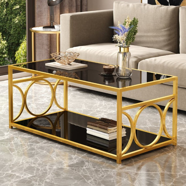 English Elm Modern Art Deco Rectangular Glass Coffee Table with Gold Geometric Frame Two Tier Black N735P507235B