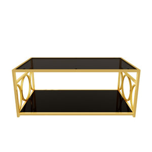 English Elm Modern Art Deco Rectangular Glass Coffee Table with Gold Geometric Frame Two Tier Black N735P507235B