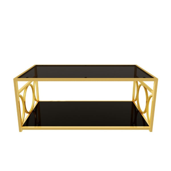 English Elm Modern Art Deco Rectangular Glass Coffee Table with Gold Geometric Frame Two Tier Black N735P507235B