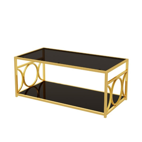 English Elm Modern Art Deco Rectangular Glass Coffee Table with Gold Geometric Frame Two Tier Black N735P507235B