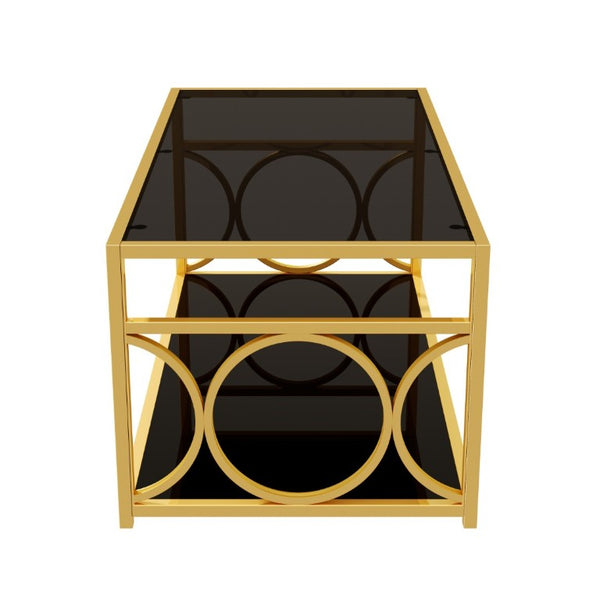 English Elm Modern Art Deco Rectangular Glass Coffee Table with Gold Geometric Frame Two Tier Black N735P507235B