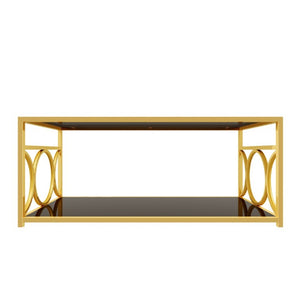 English Elm Modern Art Deco Rectangular Glass Coffee Table with Gold Geometric Frame Two Tier Black N735P507235B