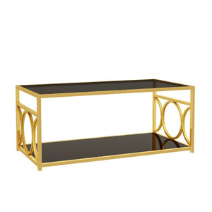 English Elm Modern Art Deco Rectangular Glass Coffee Table with Gold Geometric Frame Two Tier Black N735P507235B