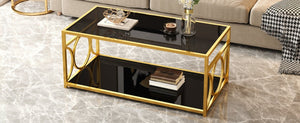 English Elm Modern Art Deco Rectangular Glass Coffee Table with Gold Geometric Frame Two Tier Black N735P507235B