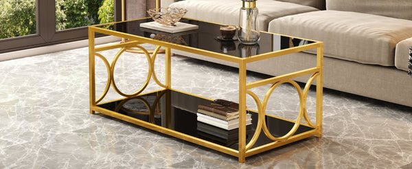 English Elm Modern Art Deco Rectangular Glass Coffee Table with Gold Geometric Frame Two Tier Black N735P507235B