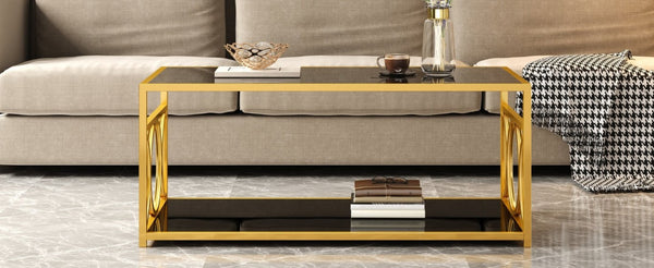 English Elm Modern Art Deco Rectangular Glass Coffee Table with Gold Geometric Frame Two Tier Black N735P507235B