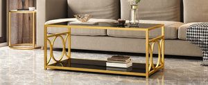 English Elm Modern Art Deco Rectangular Glass Coffee Table with Gold Geometric Frame Two Tier Black N735P507235B