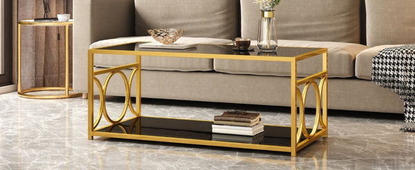English Elm Modern Art Deco Rectangular Glass Coffee Table with Gold Geometric Frame Two Tier Black N735P507235B