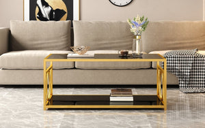 English Elm Modern Art Deco Rectangular Glass Coffee Table with Gold Geometric Frame Two Tier Black N735P507235B