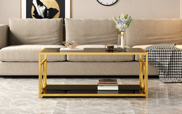 English Elm Modern Art Deco Rectangular Glass Coffee Table with Gold Geometric Frame Two Tier Black N735P507235B