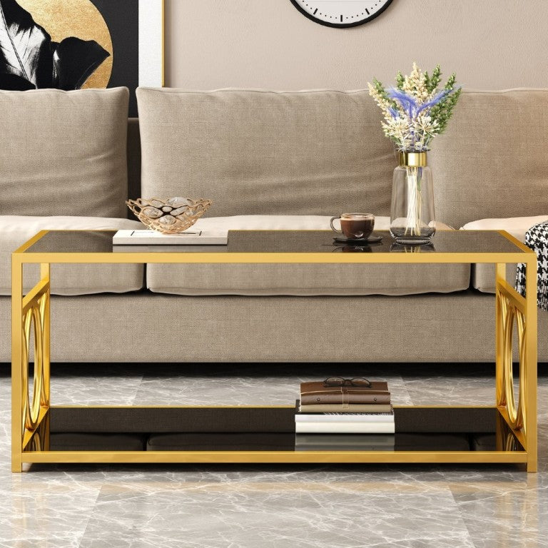 English Elm Modern Art Deco Rectangular Glass Coffee Table with Gold Geometric Frame Two Tier Black N735P507235B