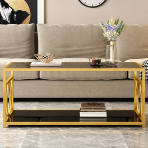 English Elm Modern Art Deco Rectangular Glass Coffee Table with Gold Geometric Frame Two Tier Black N735P507235B