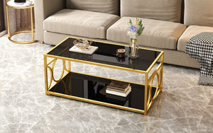 English Elm Modern Art Deco Rectangular Glass Coffee Table with Gold Geometric Frame Two Tier Black N735P507235B