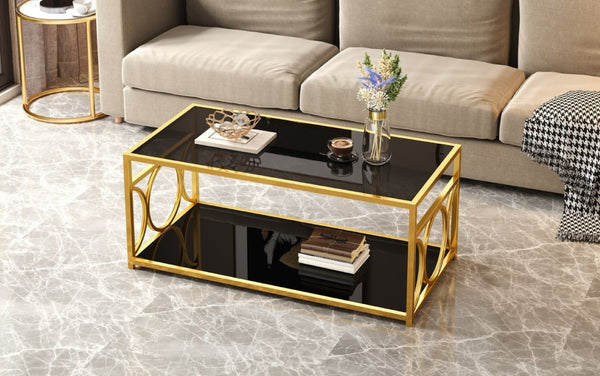 English Elm Modern Art Deco Rectangular Glass Coffee Table with Gold Geometric Frame Two Tier Black N735P507235B