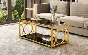 English Elm Modern Art Deco Rectangular Glass Coffee Table with Gold Geometric Frame Two Tier Black N735P507235B