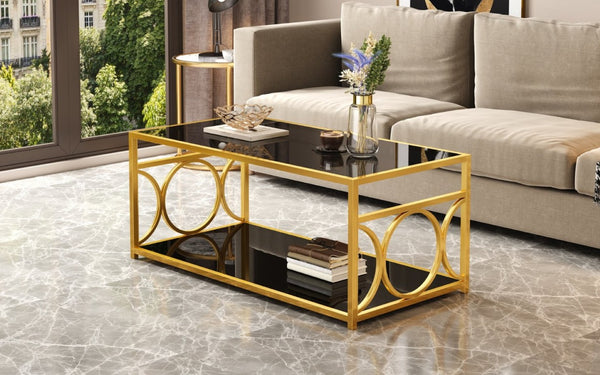 English Elm Modern Art Deco Rectangular Glass Coffee Table with Gold Geometric Frame Two Tier Black N735P507235B