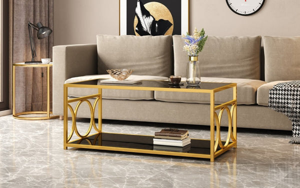 English Elm Modern Art Deco Rectangular Glass Coffee Table with Gold Geometric Frame Two Tier Black N735P507235B