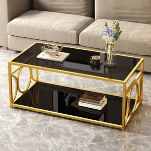 English Elm Modern Art Deco Rectangular Glass Coffee Table with Gold Geometric Frame Two Tier Black N735P507235B