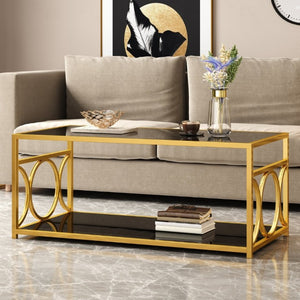 English Elm Modern Art Deco Rectangular Glass Coffee Table with Gold Geometric Frame Two Tier Black N735P507235B