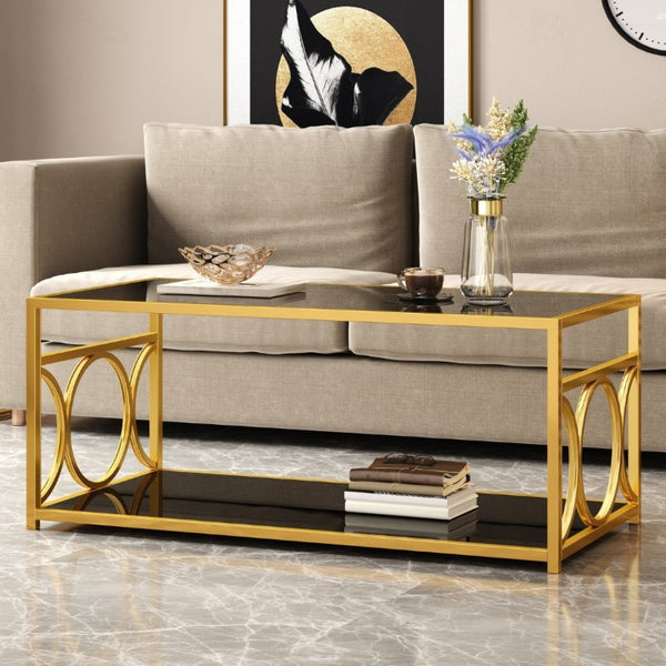 English Elm Modern Art Deco Rectangular Glass Coffee Table with Gold Geometric Frame Two Tier Black N735P507235B