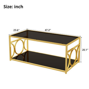 English Elm Modern Art Deco Rectangular Glass Coffee Table with Gold Geometric Frame Two Tier Black N735P507235B