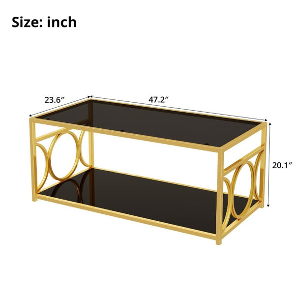 English Elm Modern Art Deco Rectangular Glass Coffee Table with Gold Geometric Frame Two Tier Black N735P507235B