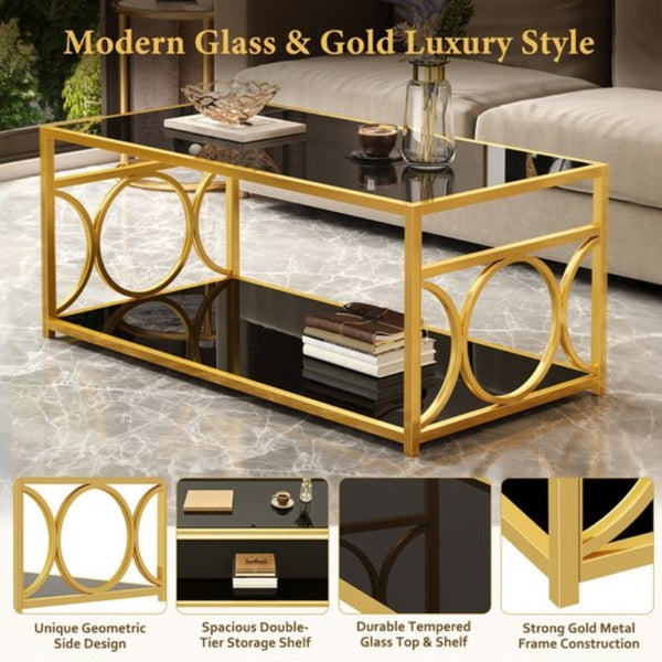English Elm Modern Art Deco Rectangular Glass Coffee Table with Gold Geometric Frame Two Tier Black N735P507235B