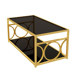 English Elm Modern Art Deco Rectangular Glass Coffee Table with Gold Geometric Frame Two Tier Black N735P507235B