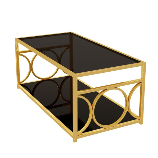 English Elm Modern Art Deco Rectangular Glass Coffee Table with Gold Geometric Frame Two Tier Black N735P507235B