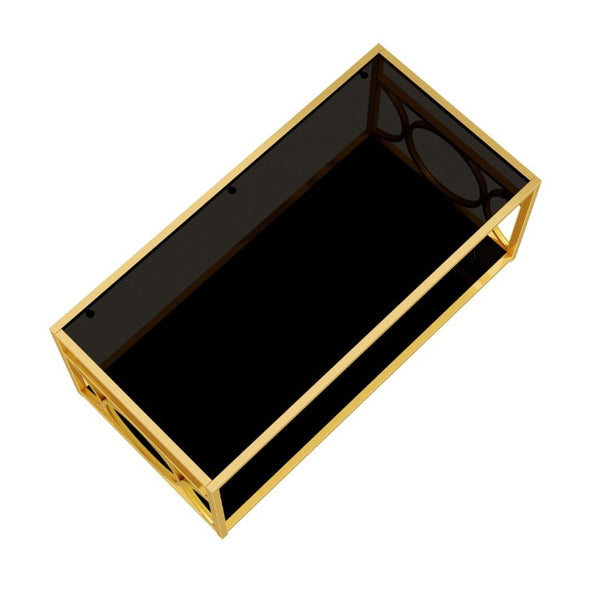 English Elm Modern Art Deco Rectangular Glass Coffee Table with Gold Geometric Frame Two Tier Black N735P507235B