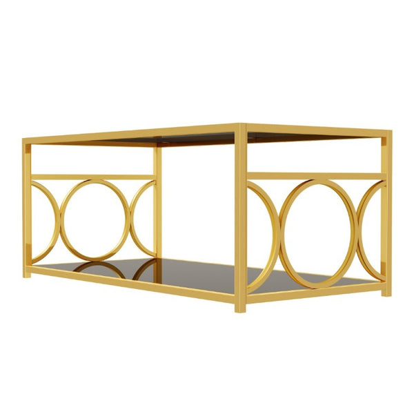 English Elm Modern Art Deco Rectangular Glass Coffee Table with Gold Geometric Frame Two Tier Black N735P507235B