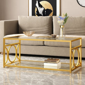English Elm Modern Art Deco Rectangular Glass Coffee Table with Gold Geometric Frame Two Tier Transparent N735P507235K