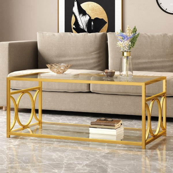 English Elm Modern Art Deco Rectangular Glass Coffee Table with Gold Geometric Frame Two Tier Transparent N735P507235K