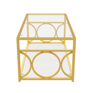 English Elm Modern Art Deco Rectangular Glass Coffee Table with Gold Geometric Frame Two Tier Transparent N735P507235K