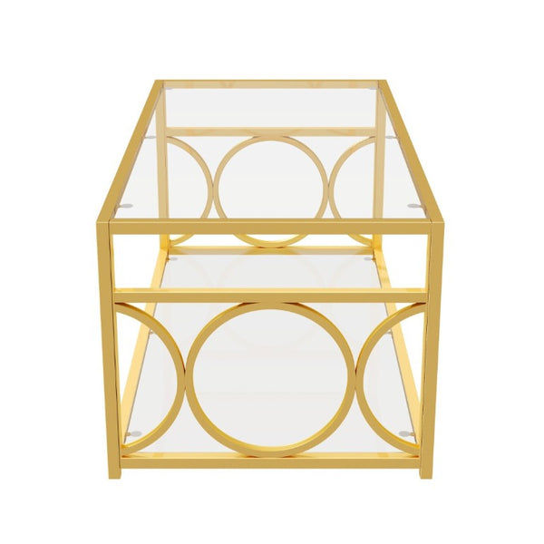 English Elm Modern Art Deco Rectangular Glass Coffee Table with Gold Geometric Frame Two Tier Transparent N735P507235K