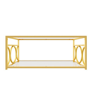 English Elm Modern Art Deco Rectangular Glass Coffee Table with Gold Geometric Frame Two Tier Transparent N735P507235K
