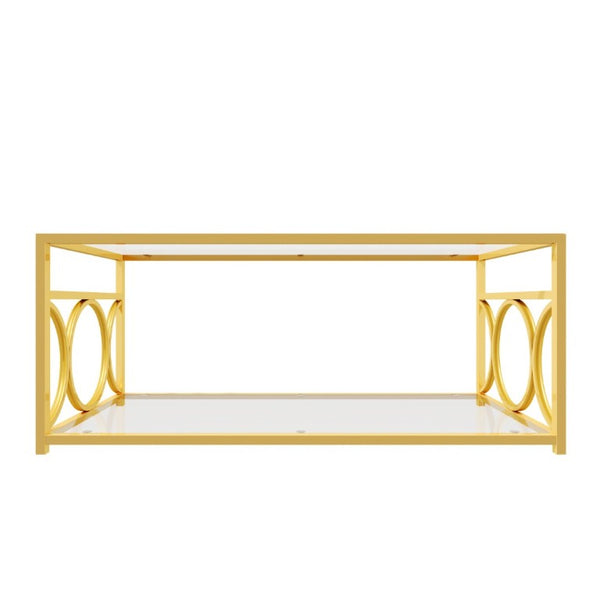 English Elm Modern Art Deco Rectangular Glass Coffee Table with Gold Geometric Frame Two Tier Transparent N735P507235K