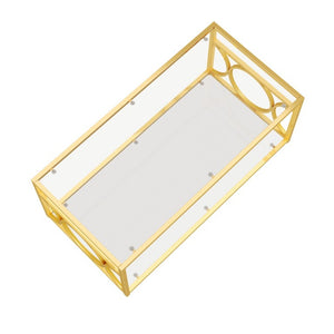 English Elm Modern Art Deco Rectangular Glass Coffee Table with Gold Geometric Frame Two Tier Transparent N735P507235K