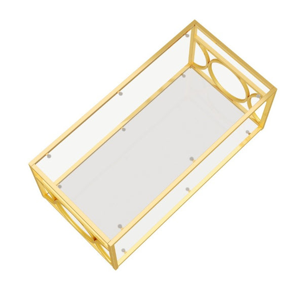 English Elm Modern Art Deco Rectangular Glass Coffee Table with Gold Geometric Frame Two Tier Transparent N735P507235K