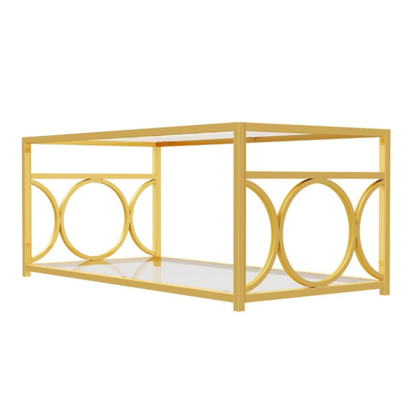 English Elm Modern Art Deco Rectangular Glass Coffee Table with Gold Geometric Frame Two Tier Transparent N735P507235K