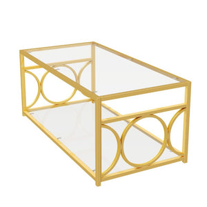English Elm Modern Art Deco Rectangular Glass Coffee Table with Gold Geometric Frame Two Tier Transparent N735P507235K