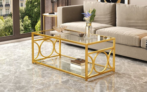 English Elm Modern Art Deco Rectangular Glass Coffee Table with Gold Geometric Frame Two Tier Transparent N735P507235K